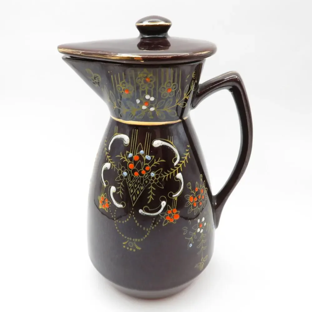 Vintage Japan Redware Moriage Coffee Set Pot, Creamer & Sugar Bowl Brown Floral